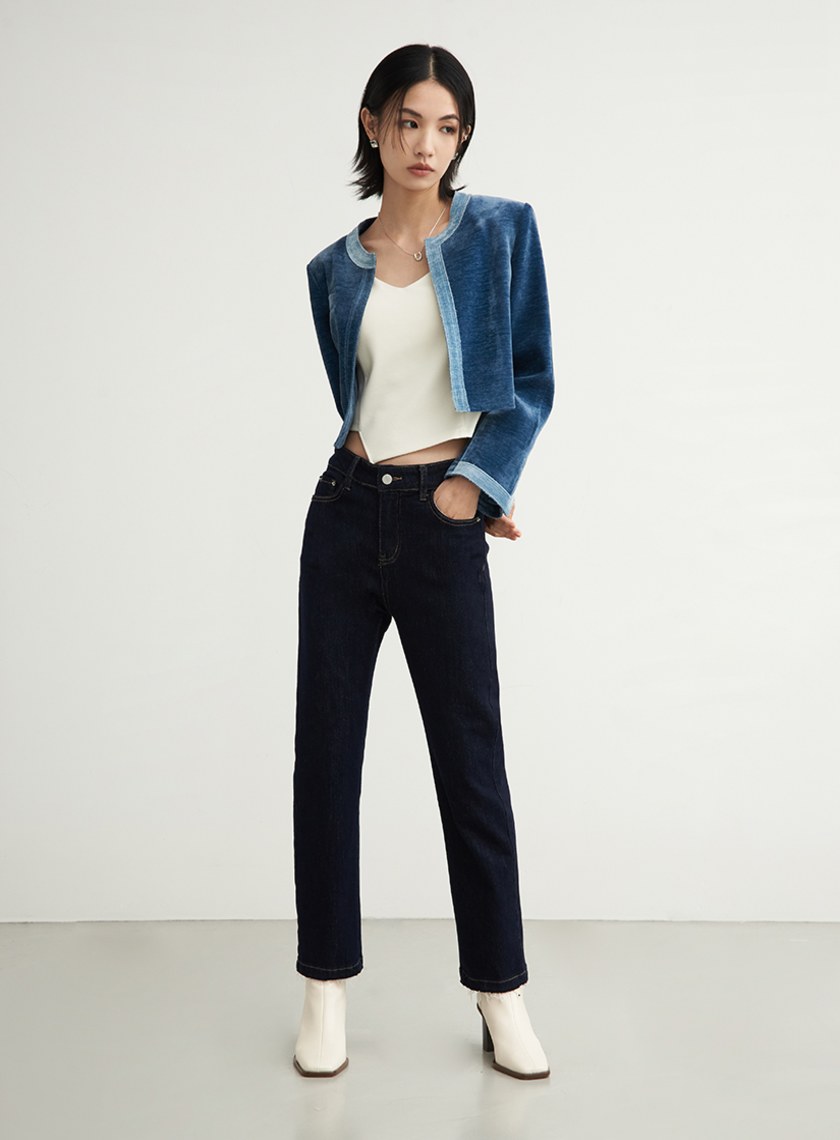 絨面無領雙色短版長袖外套